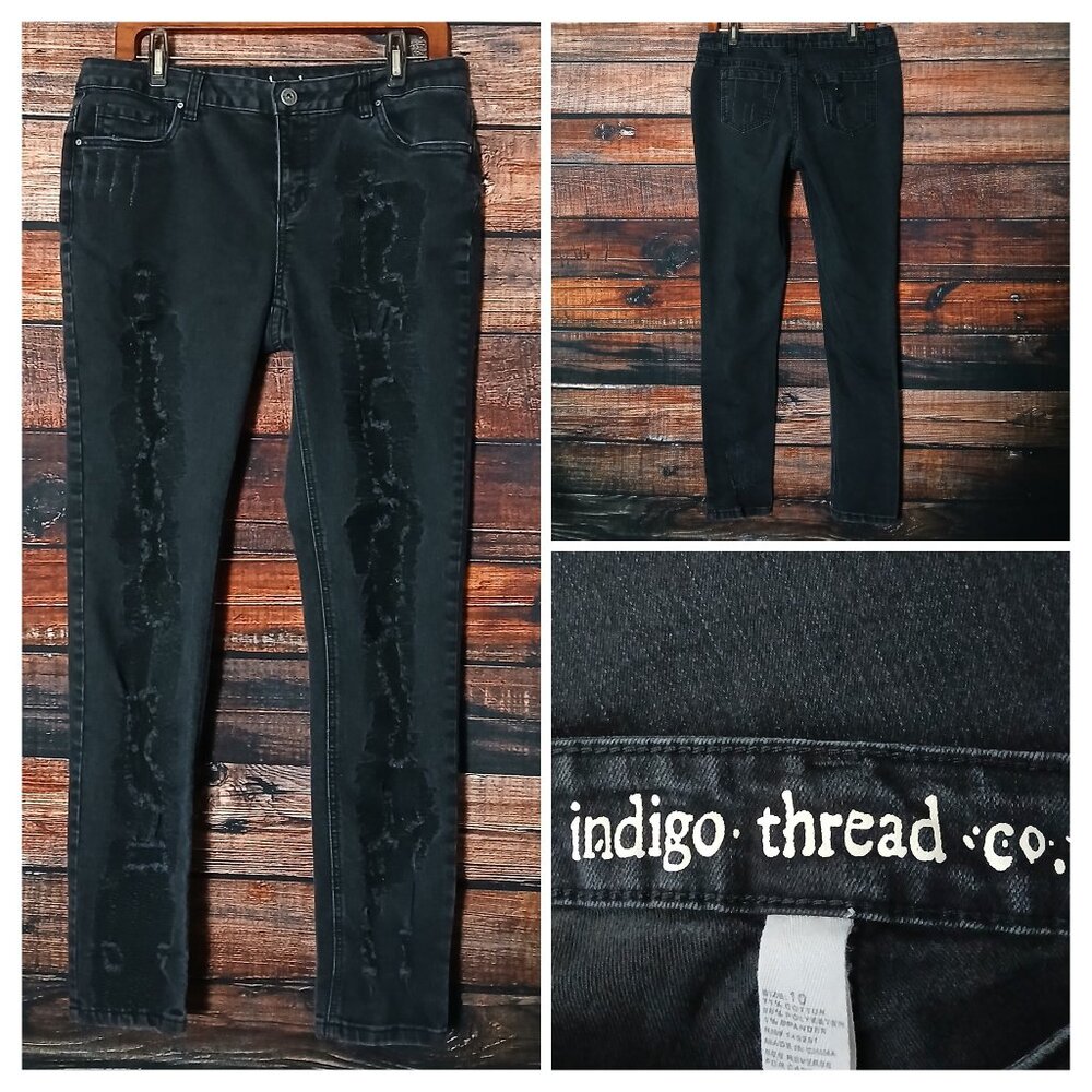 Indigo Thread Co Jeans 10 Skinny Mid Rise Distressed Black Denim Stretch